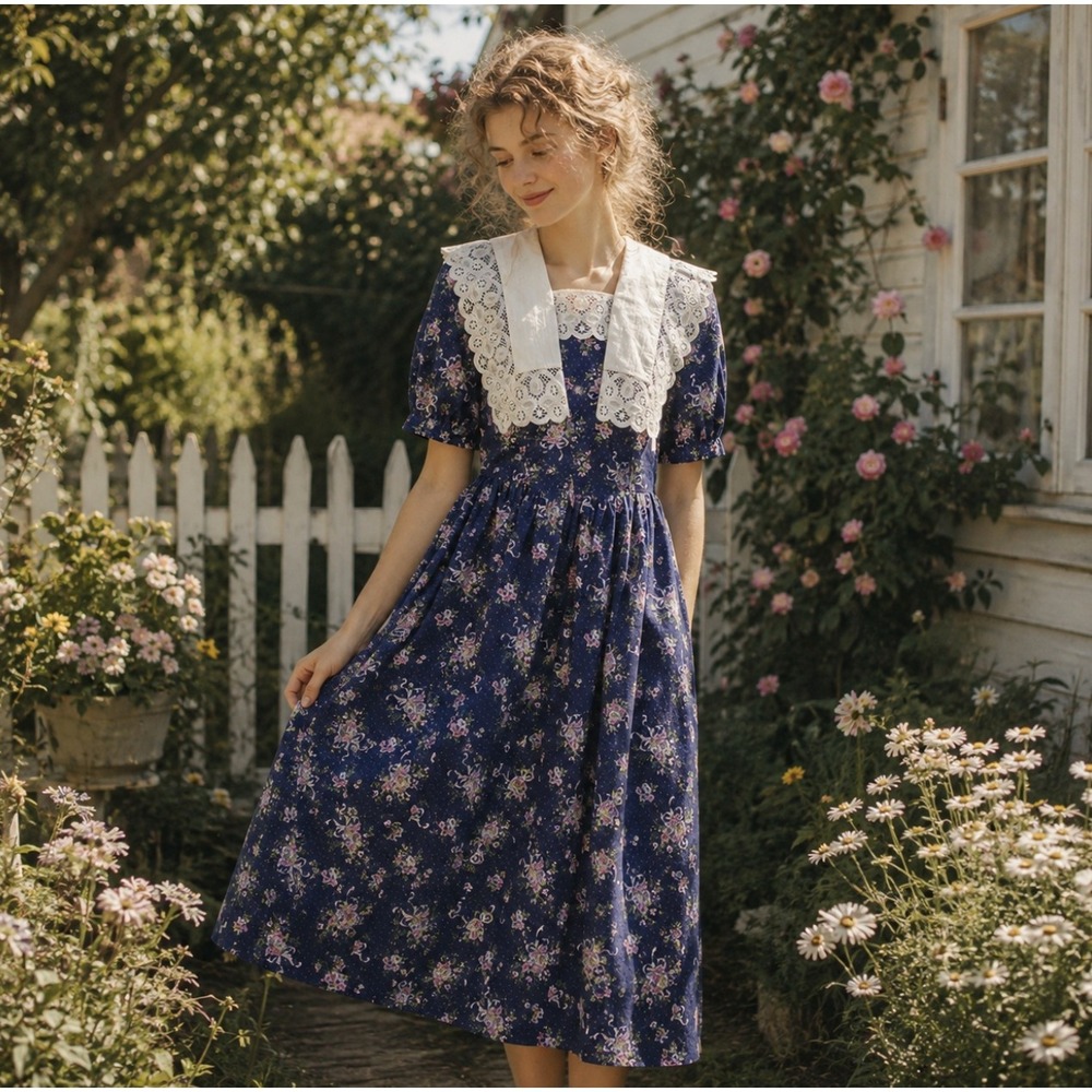 Vintage Floral Lace Collar Midi Dress Cottagecore Puff Sleeve Tea Garden S M 80s